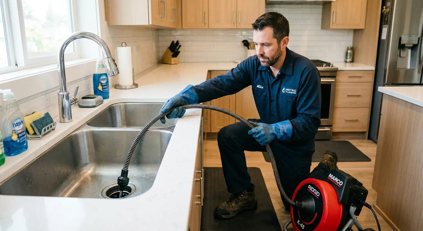 Drain cleaning technician using a motorized snake on a kitchen sink in Winterset