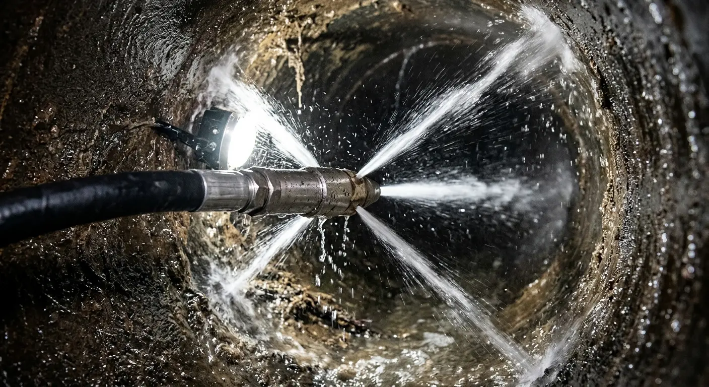 High-pressure hydro jetting nozzle cleaning sewer pipe for Trenchless Sewer Repair in Winterset