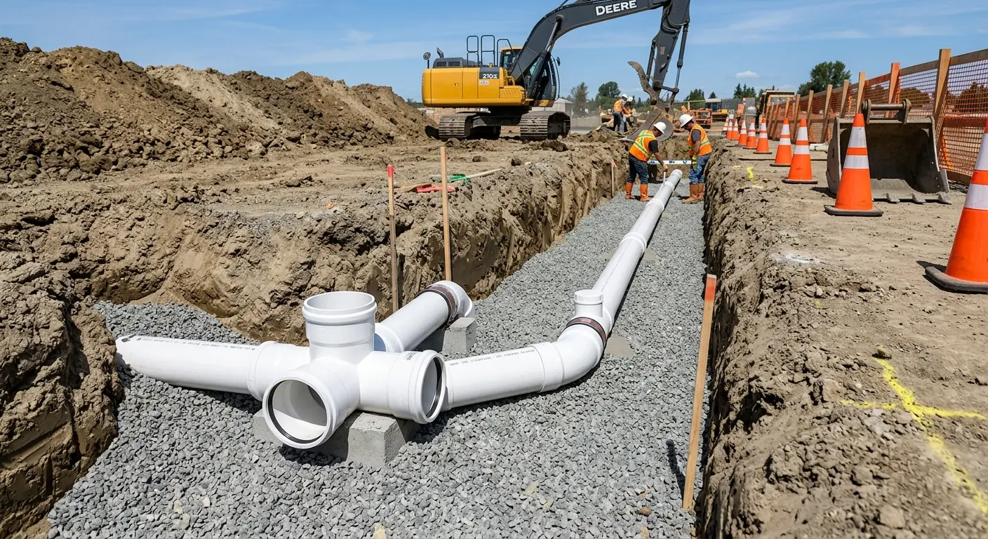 New PVC sewer pipe installation in open trench for Commercial Drain Cleaning in Winterset
