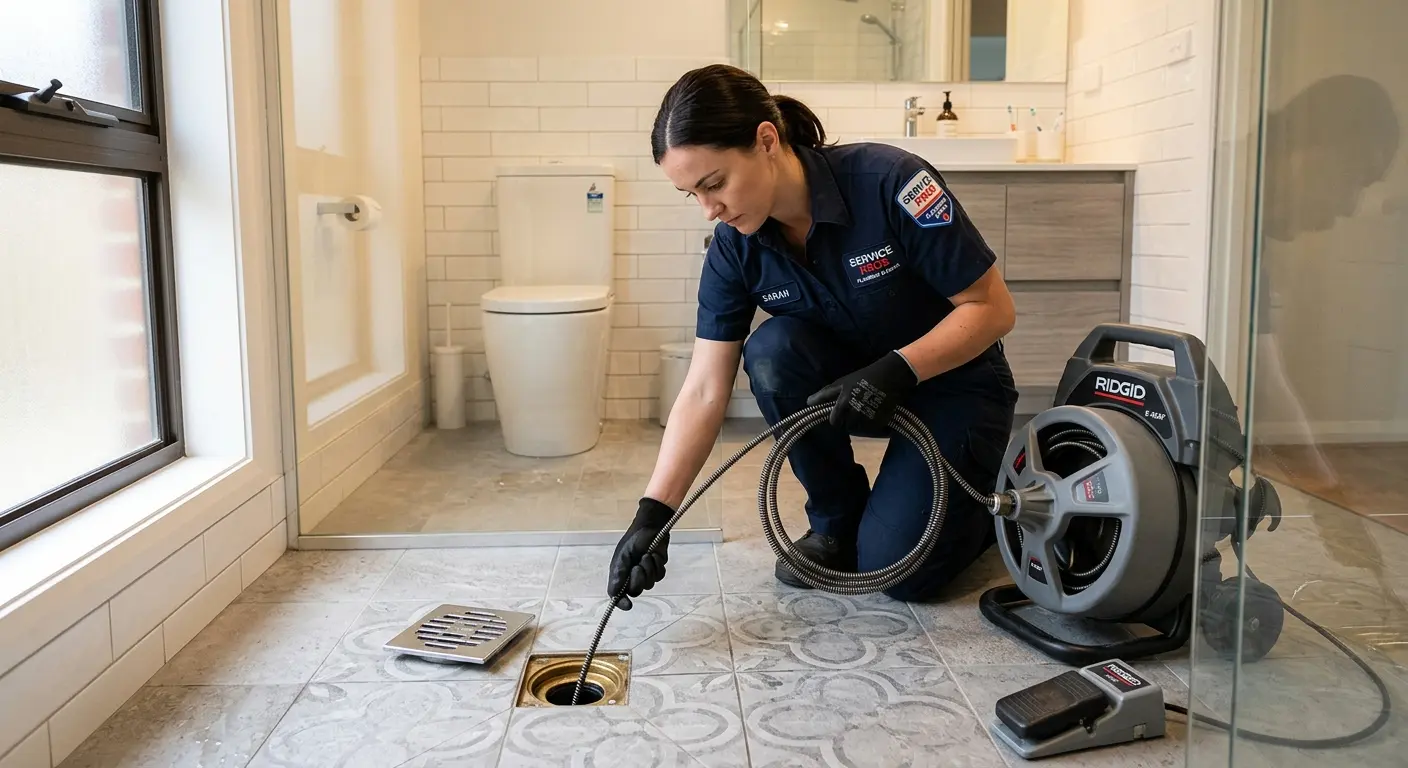 Technician clearing a bathroom floor drain for Hydro Jetting in Winterset